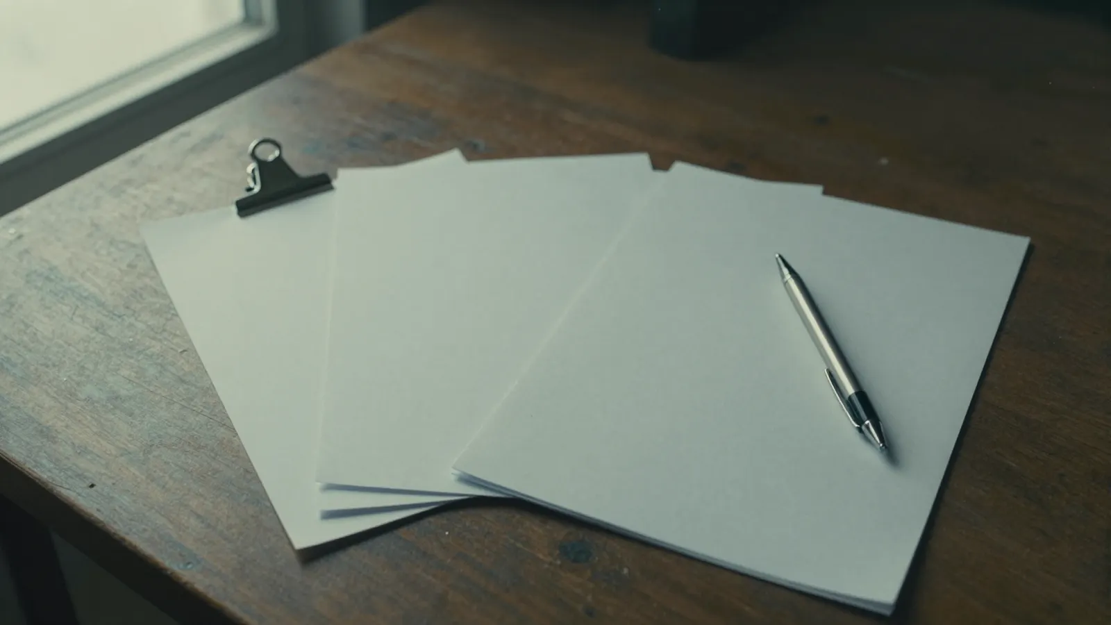 A stack of blank documents, a clip and a pen on a scuffed wooden table