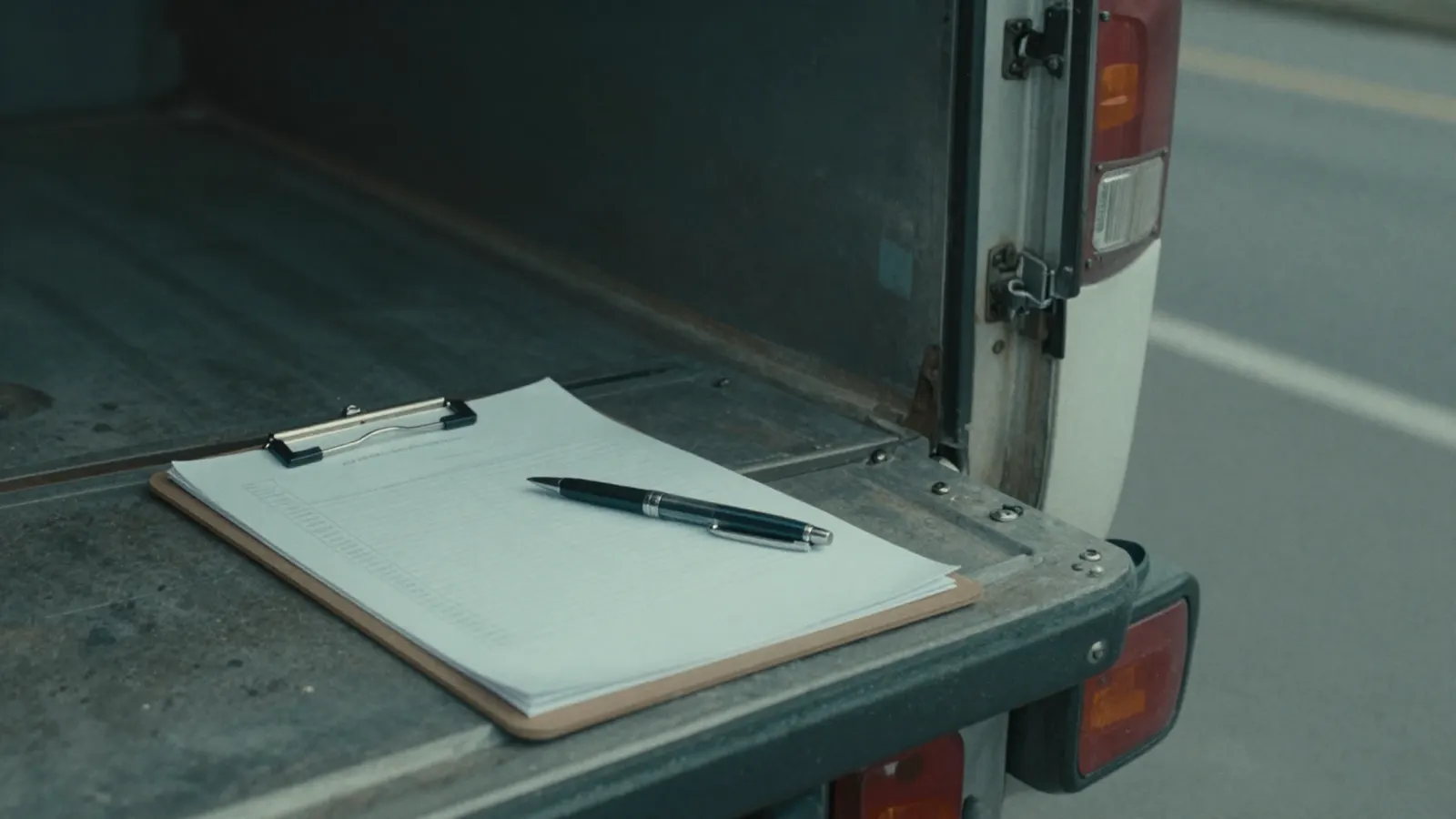 A clipboard of blank paperwork and a pen resting on the open tailgate of a moving truck