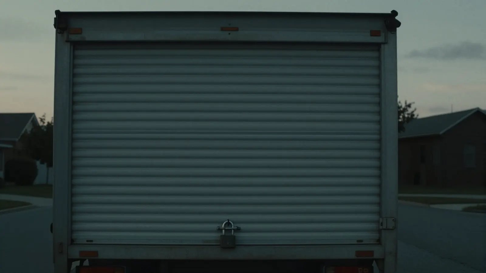 The closed roller shutter of a moving truck at dusk, secured with a padlock