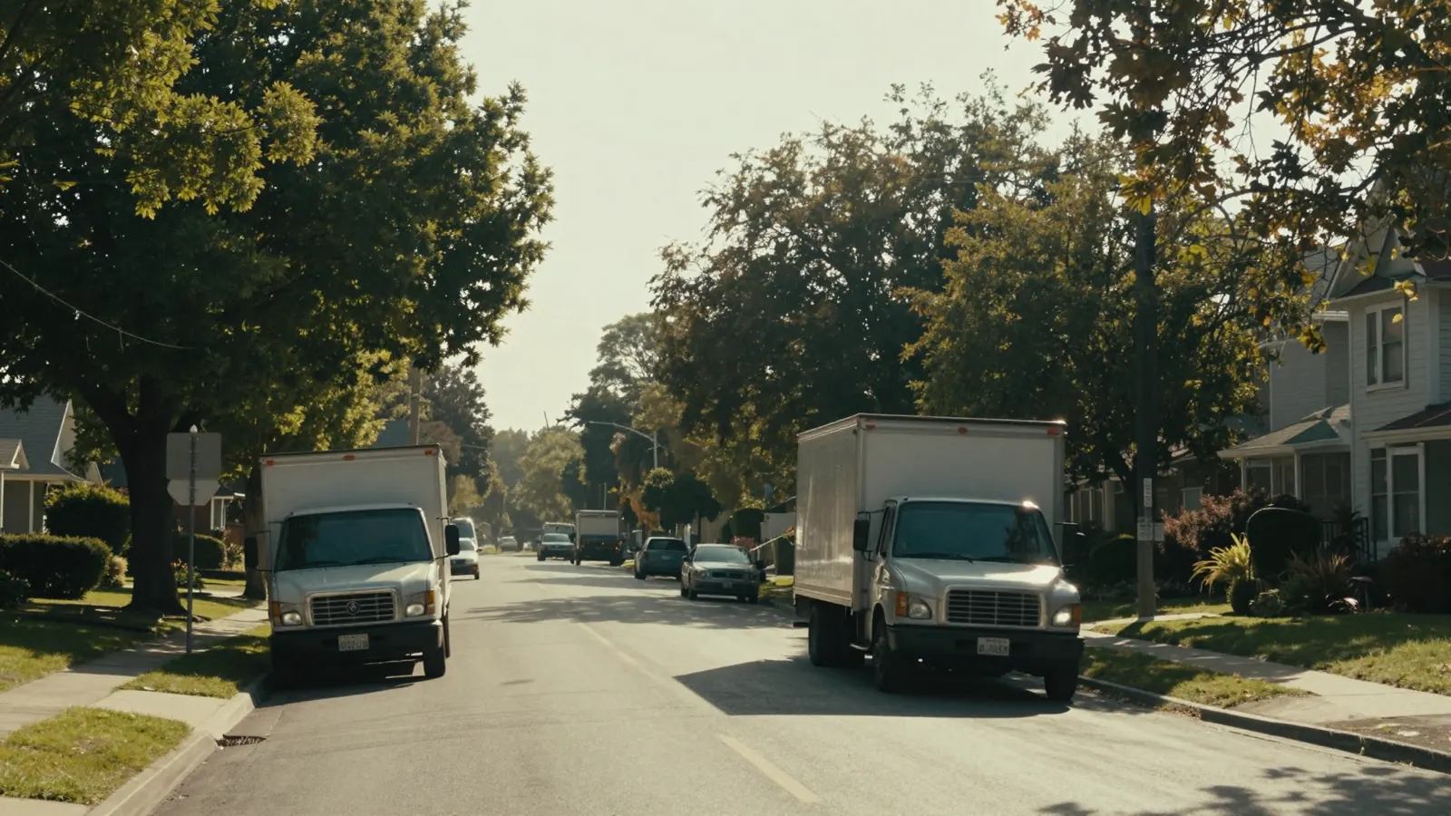 A tree-lined residential street in summer with moving trucks at either end of the block